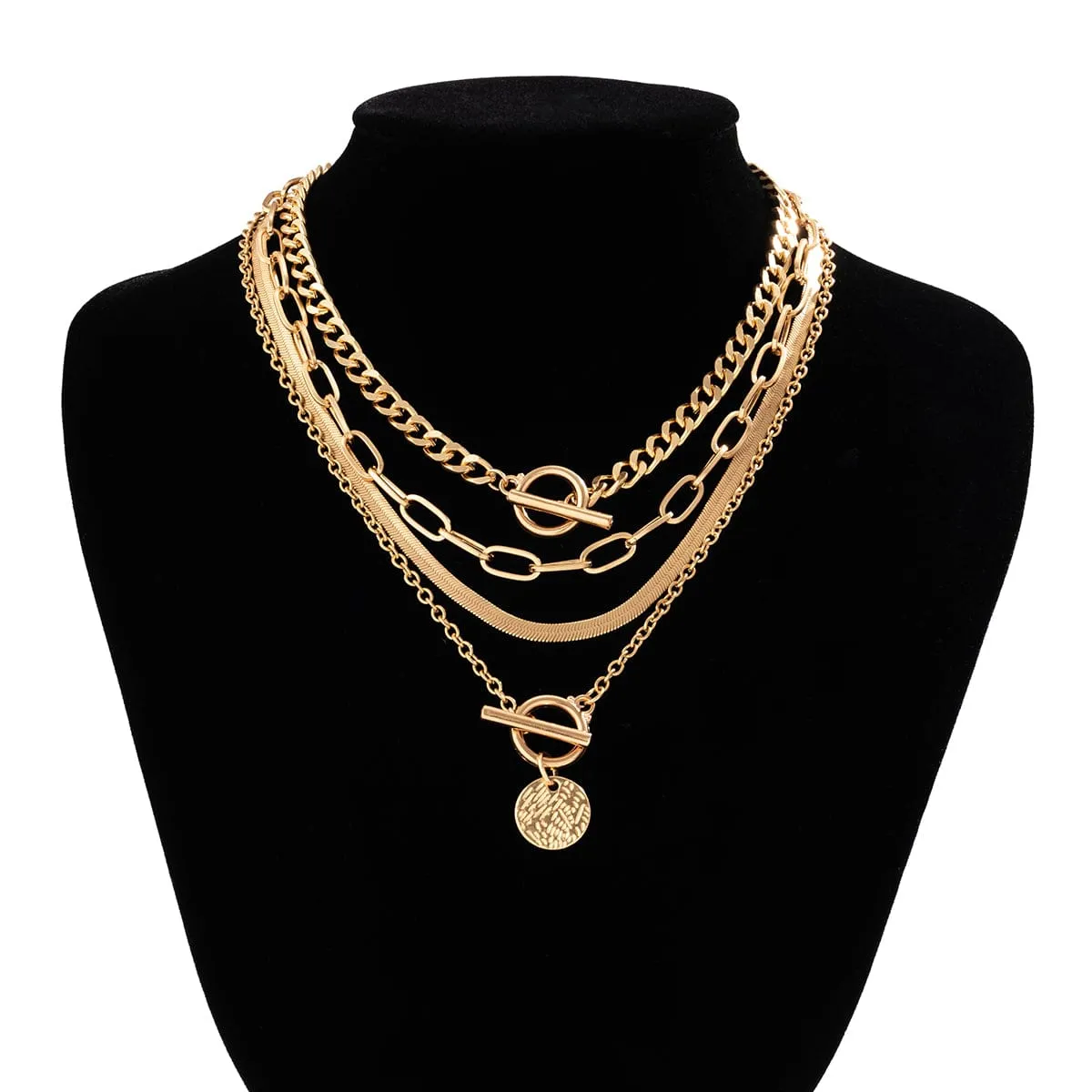 Chic Layered Toggle Clasp Round Disk Pendant Chain Necklace Set