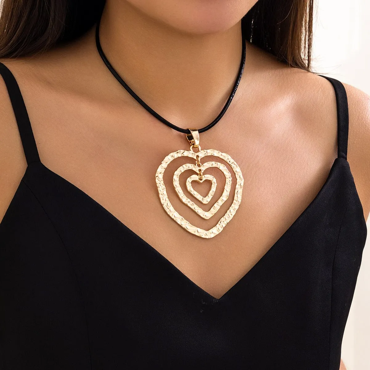 Chic PU Leather Triple Heart Pendant Necklace