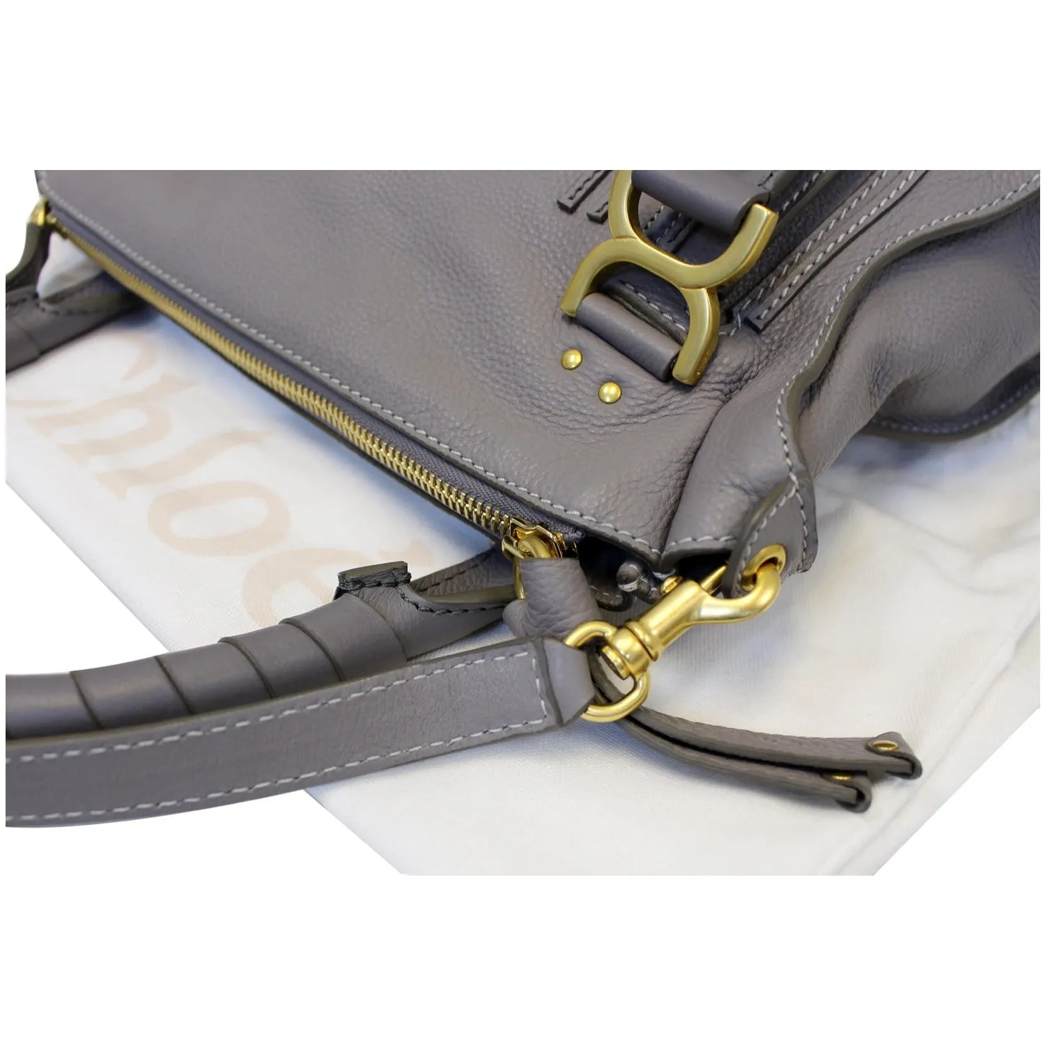 CHLOE Medium Marcie Pebbled Leather Satchel Shoulder Bag Grey