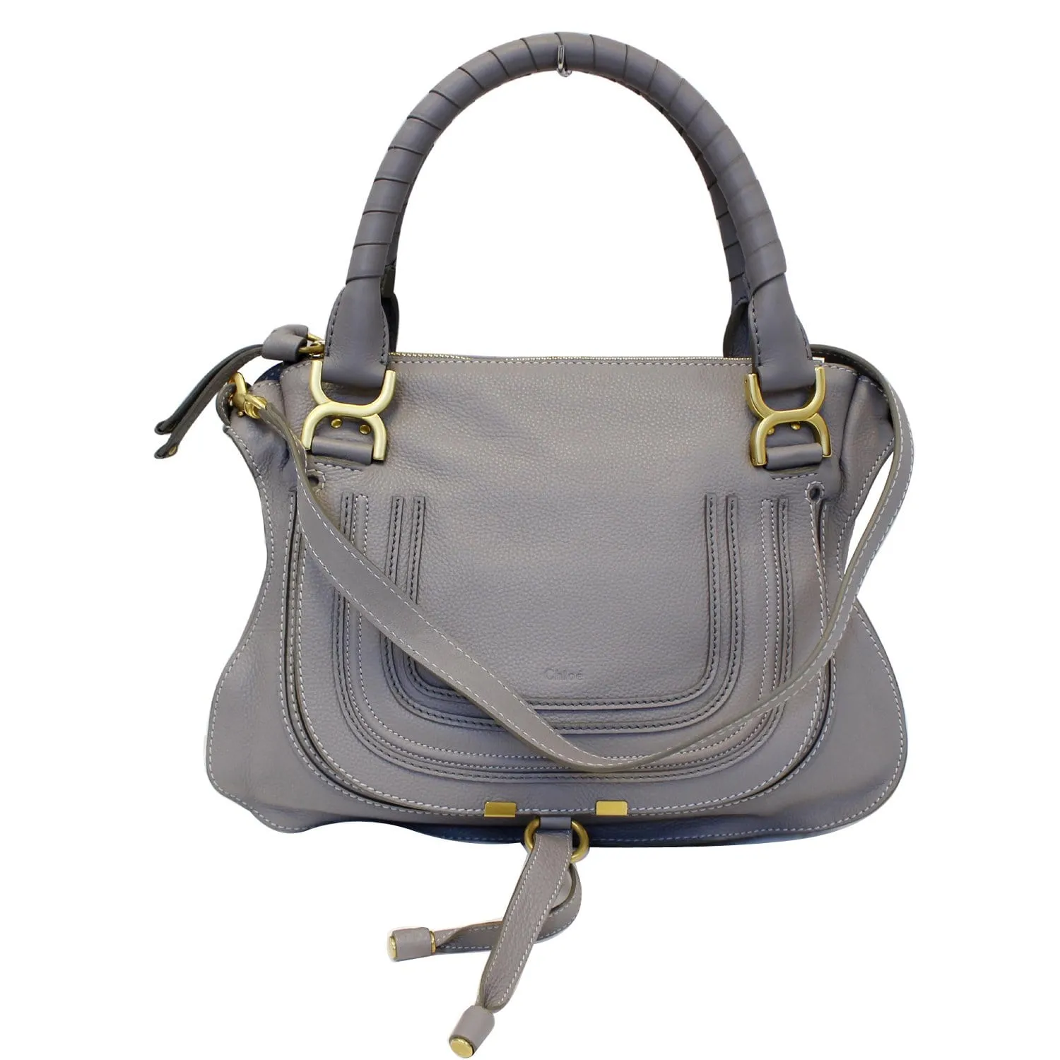 CHLOE Medium Marcie Pebbled Leather Satchel Shoulder Bag Grey
