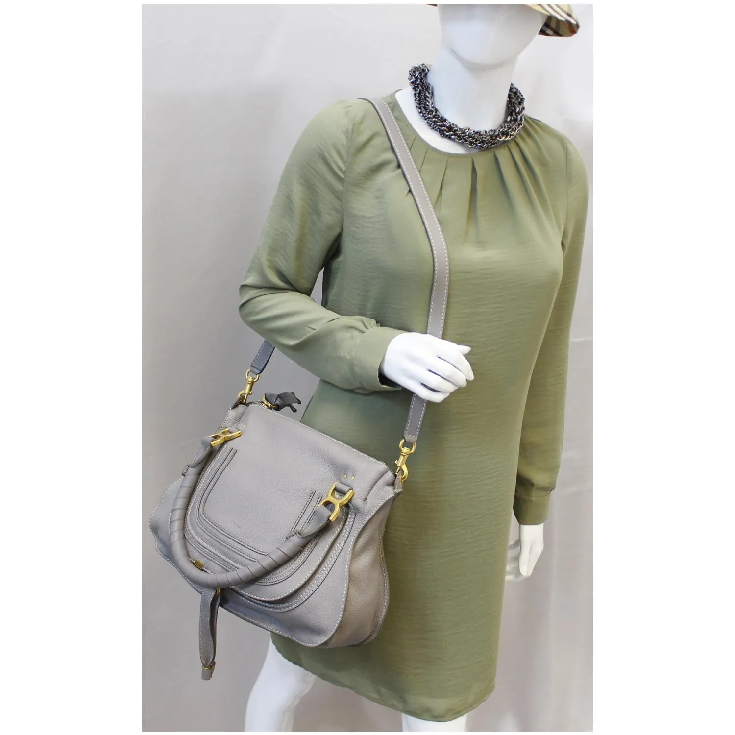 CHLOE Medium Marcie Pebbled Leather Satchel Shoulder Bag Grey