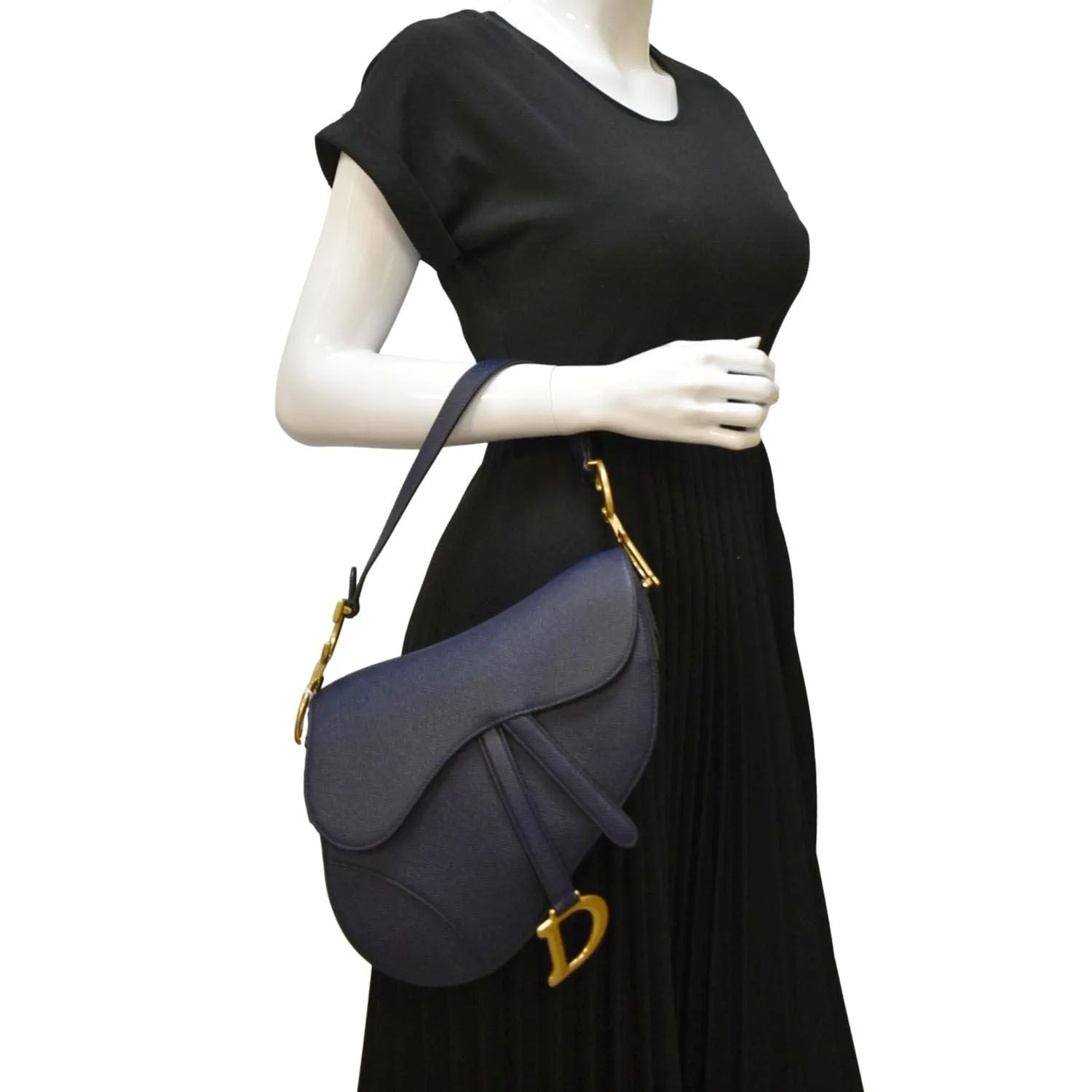 CHRISTIAN DIOR Saddle Grained Calfskin Leather Satchel Shoulder Bag Navy Blue