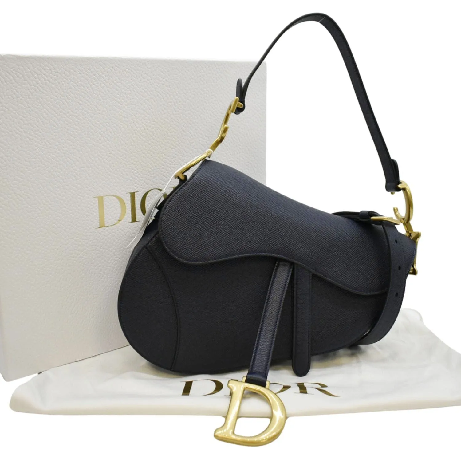 CHRISTIAN DIOR Saddle Grained Calfskin Leather Satchel Shoulder Bag Navy Blue