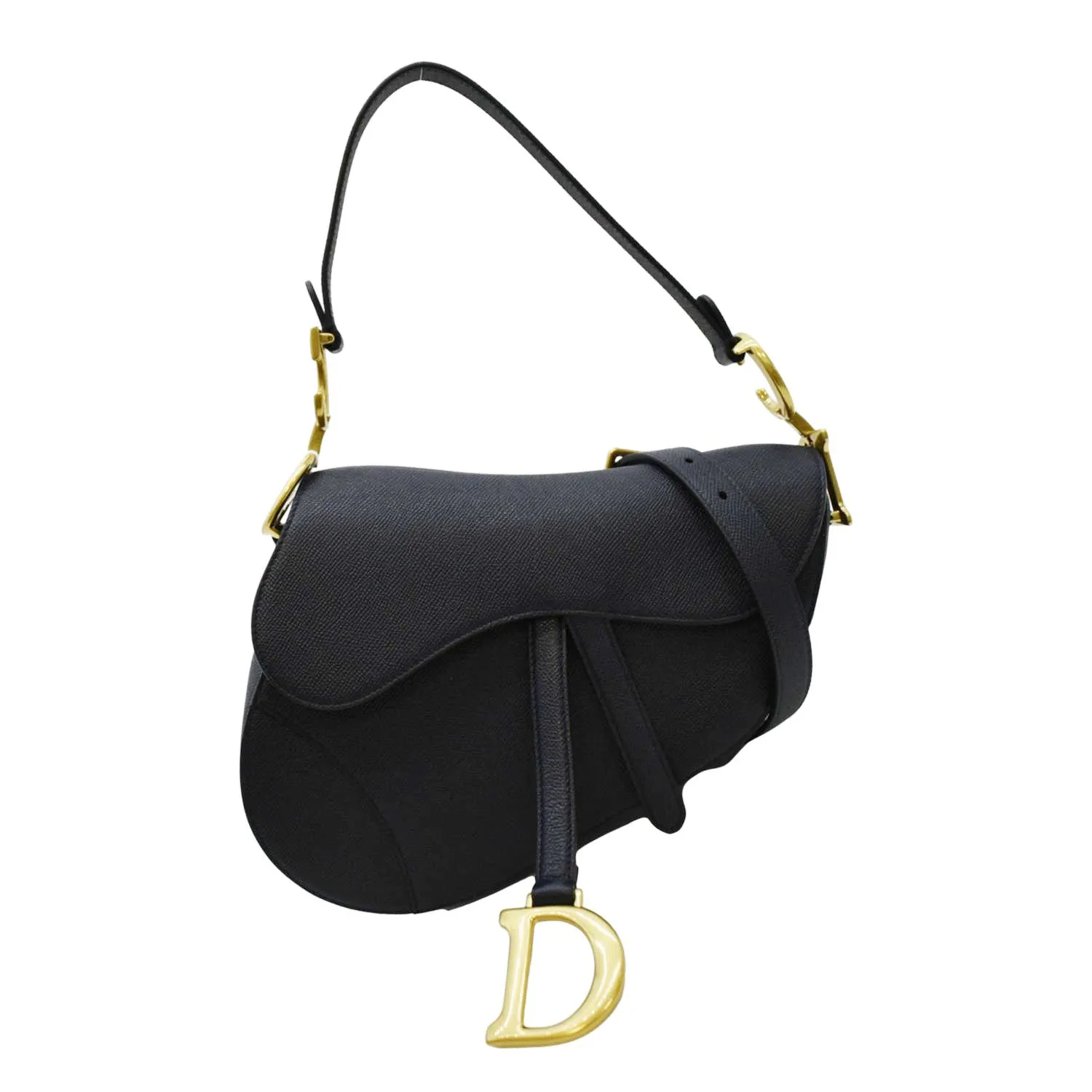 CHRISTIAN DIOR Saddle Grained Calfskin Leather Satchel Shoulder Bag Navy Blue