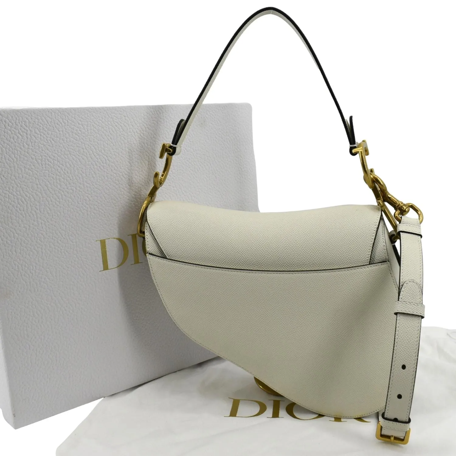 CHRISTIAN DIOR Saddle Grained Calfskin Leather Shoulder Bag Ivory