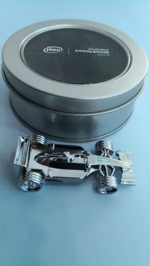 Chrome plated metal paper weight, Formula 1 racing car design