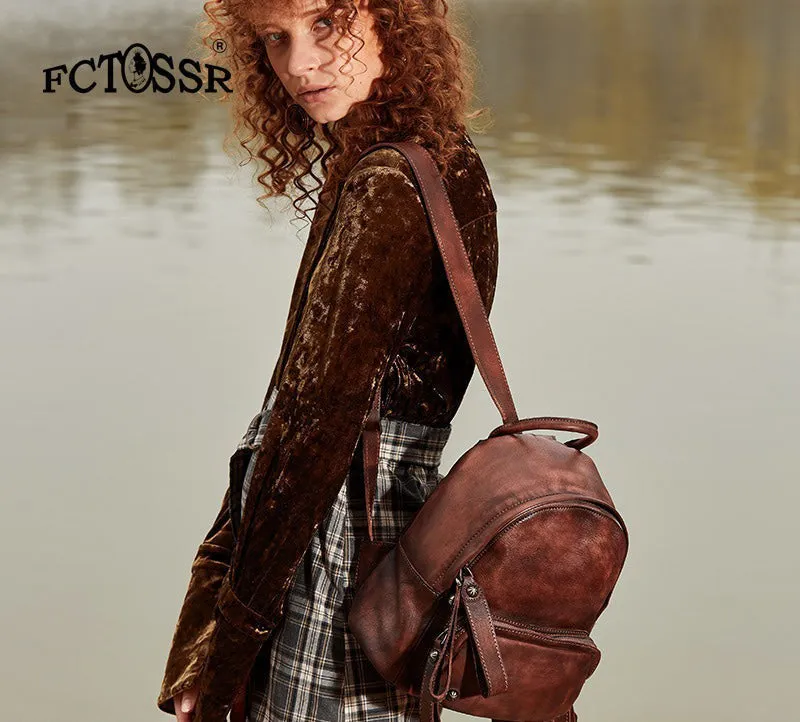 Classic Brown Leather Rucksack Bag Womens Compact Leather Backpack Ladies Backpack Purses
