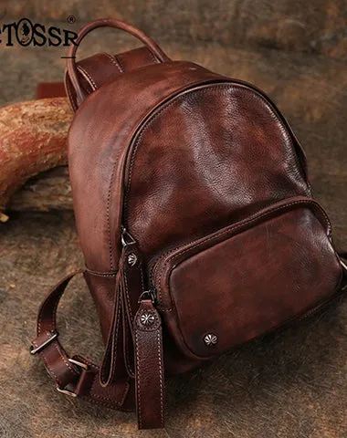 Classic Brown Leather Rucksack Bag Womens Compact Leather Backpack Ladies Backpack Purses