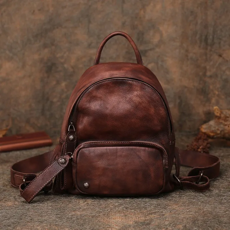 Classic Brown Leather Rucksack Bag Womens Compact Leather Backpack Ladies Backpack Purses