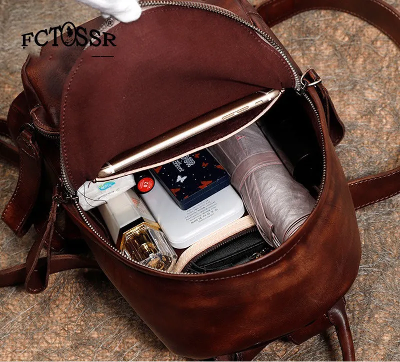 Classic Brown Leather Rucksack Bag Womens Compact Leather Backpack Ladies Backpack Purses