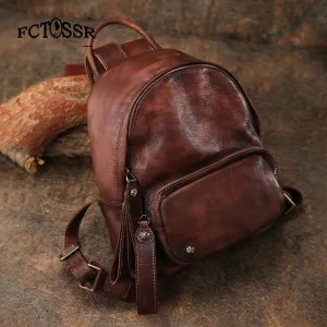 Classic Brown Leather Rucksack Bag Womens Compact Leather Backpack Ladies Backpack Purses