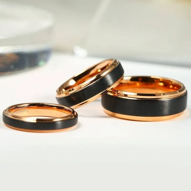 Classic Rose Gold & Black Tungsten Carbide Unisex Wedding Rings