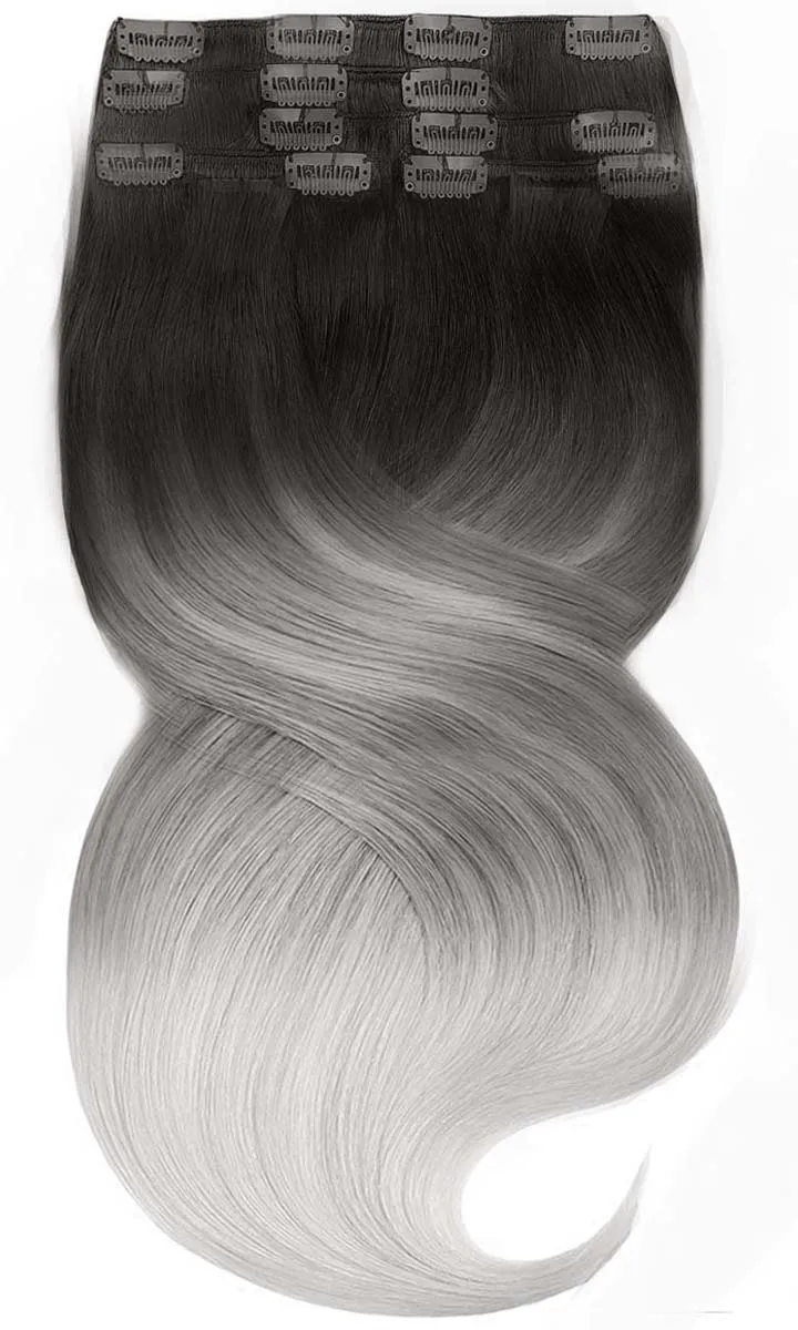CLIP-IN EXTENSIONS LUXURY  OMBRÉ BALAYAGE Jet Black & Metallic Silver Blonde