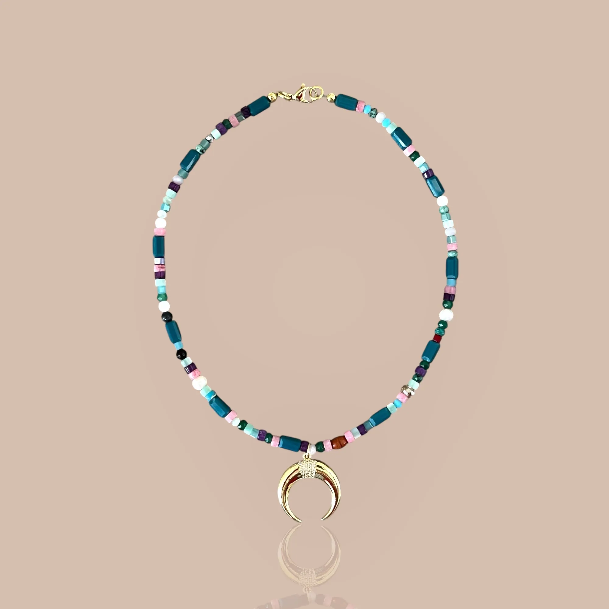Crescent Moon Multicolor Beaded Necklace