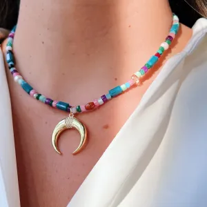 Crescent Moon Multicolor Beaded Necklace