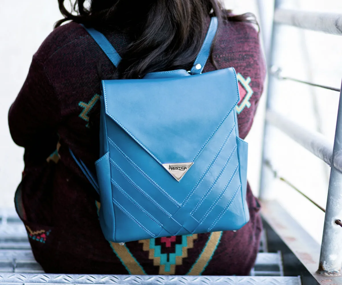 Criss-Cross Genuine Leather Prussian Blue Backpack