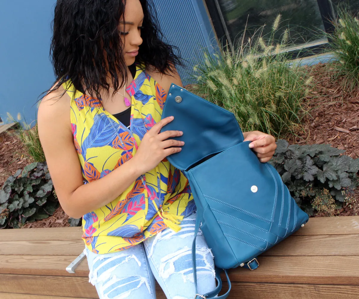 Criss-Cross Genuine Leather Prussian Blue Backpack