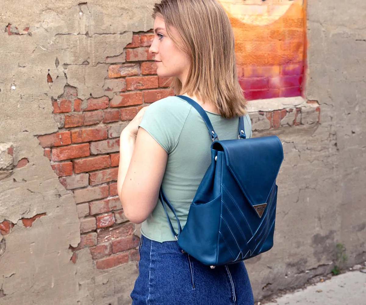 Criss-Cross Genuine Leather Prussian Blue Backpack