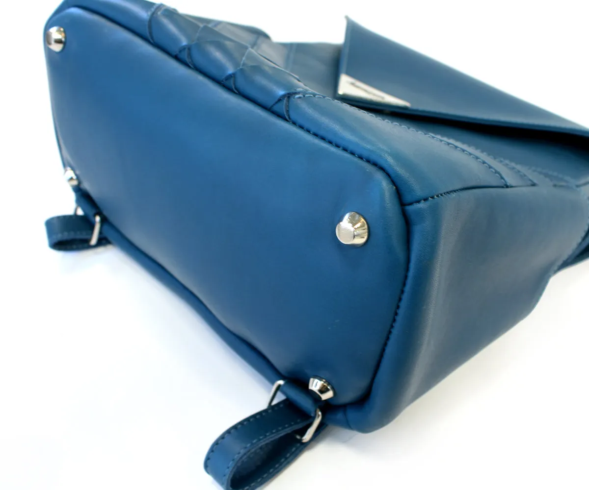 Criss-Cross Genuine Leather Prussian Blue Backpack