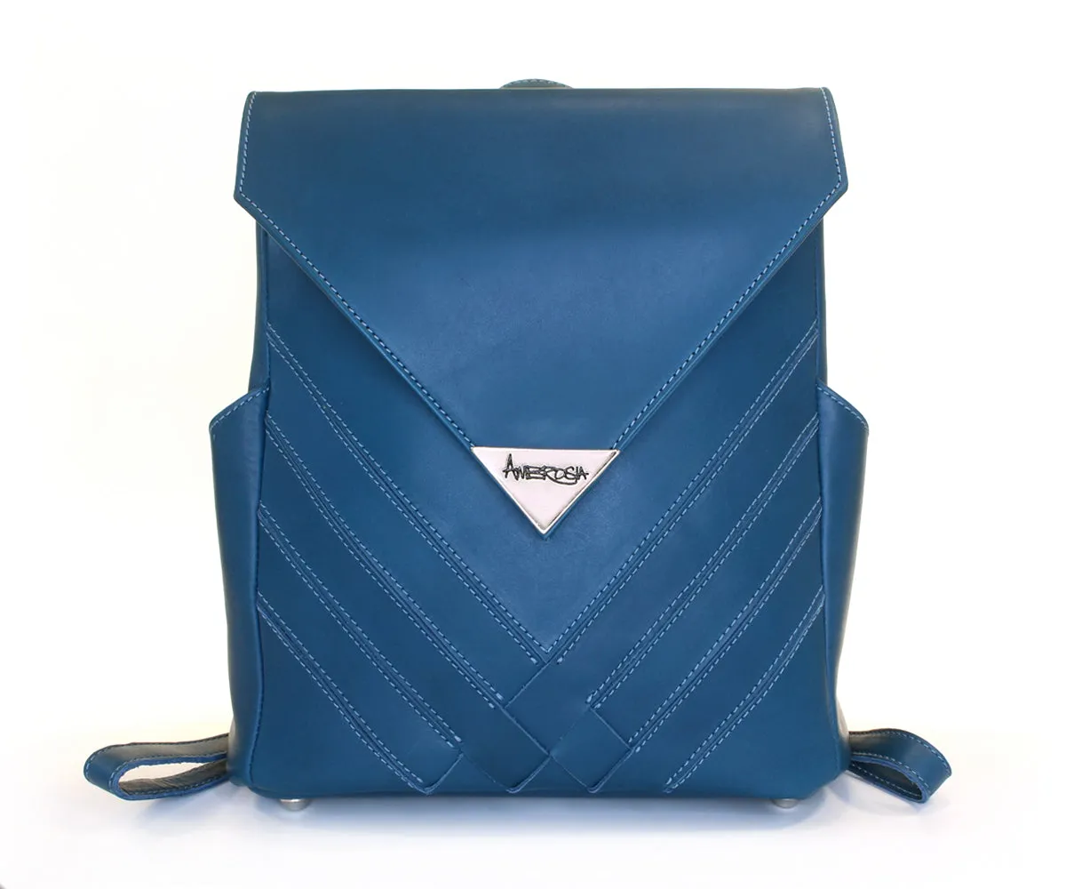 Criss-Cross Genuine Leather Prussian Blue Backpack