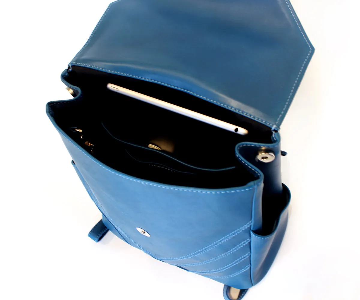 Criss-Cross Genuine Leather Prussian Blue Backpack