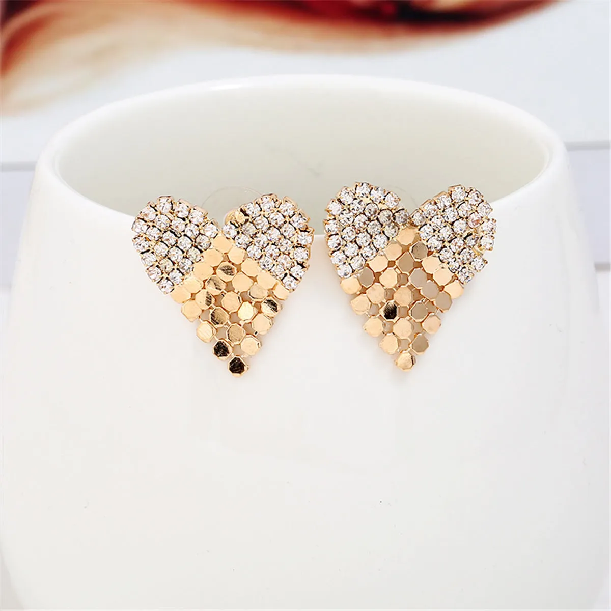 Cubic Zirconia & 18K Gold-Plated Sequin Heart Stud Earrings
