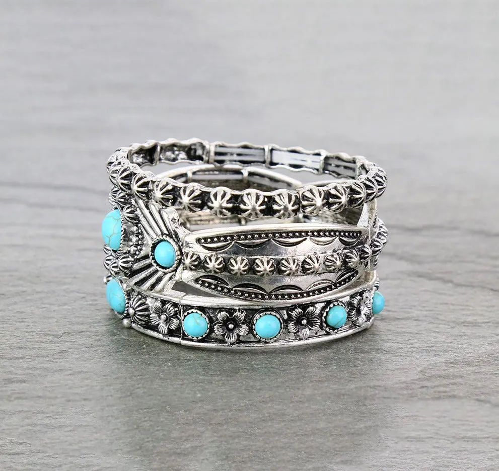 Curry Set of 3 Fashion Stackable Stretch Bracelets - Turquoise
