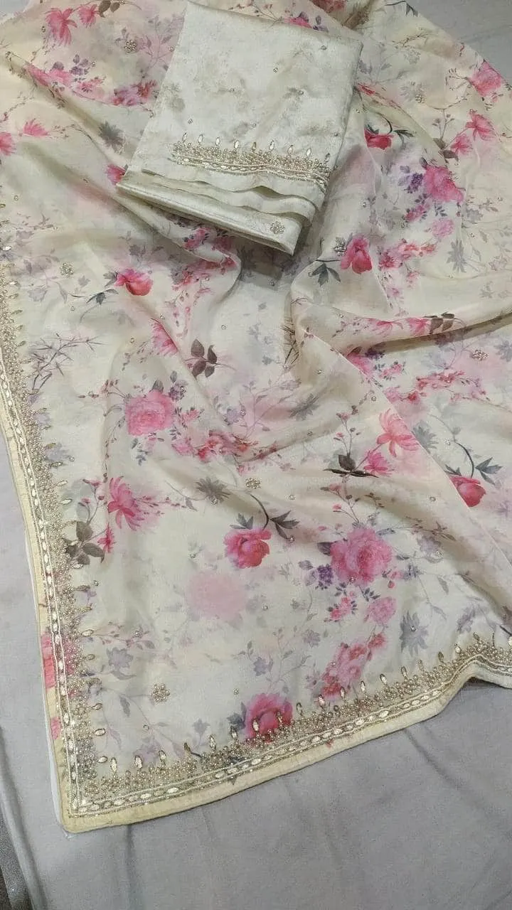 Designer Organza Saree with pearl and gota border