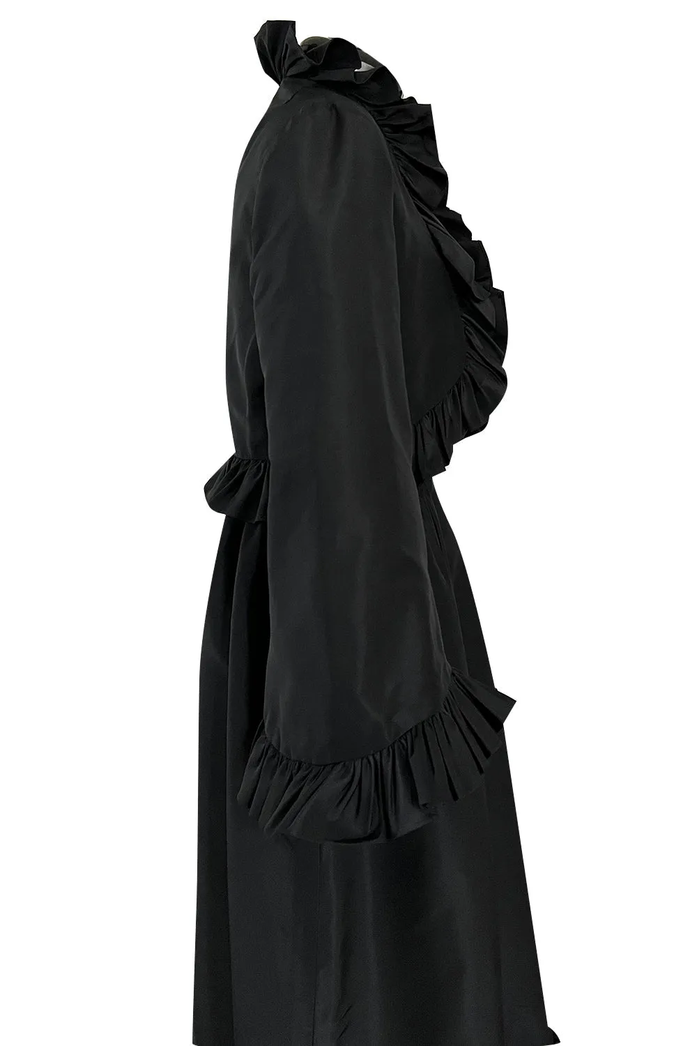 Dreamy 1980s Valentino Black Silk Wide Ruffled Hem Dress w Matching Wide Bell Sleeve Cropped Jacket
