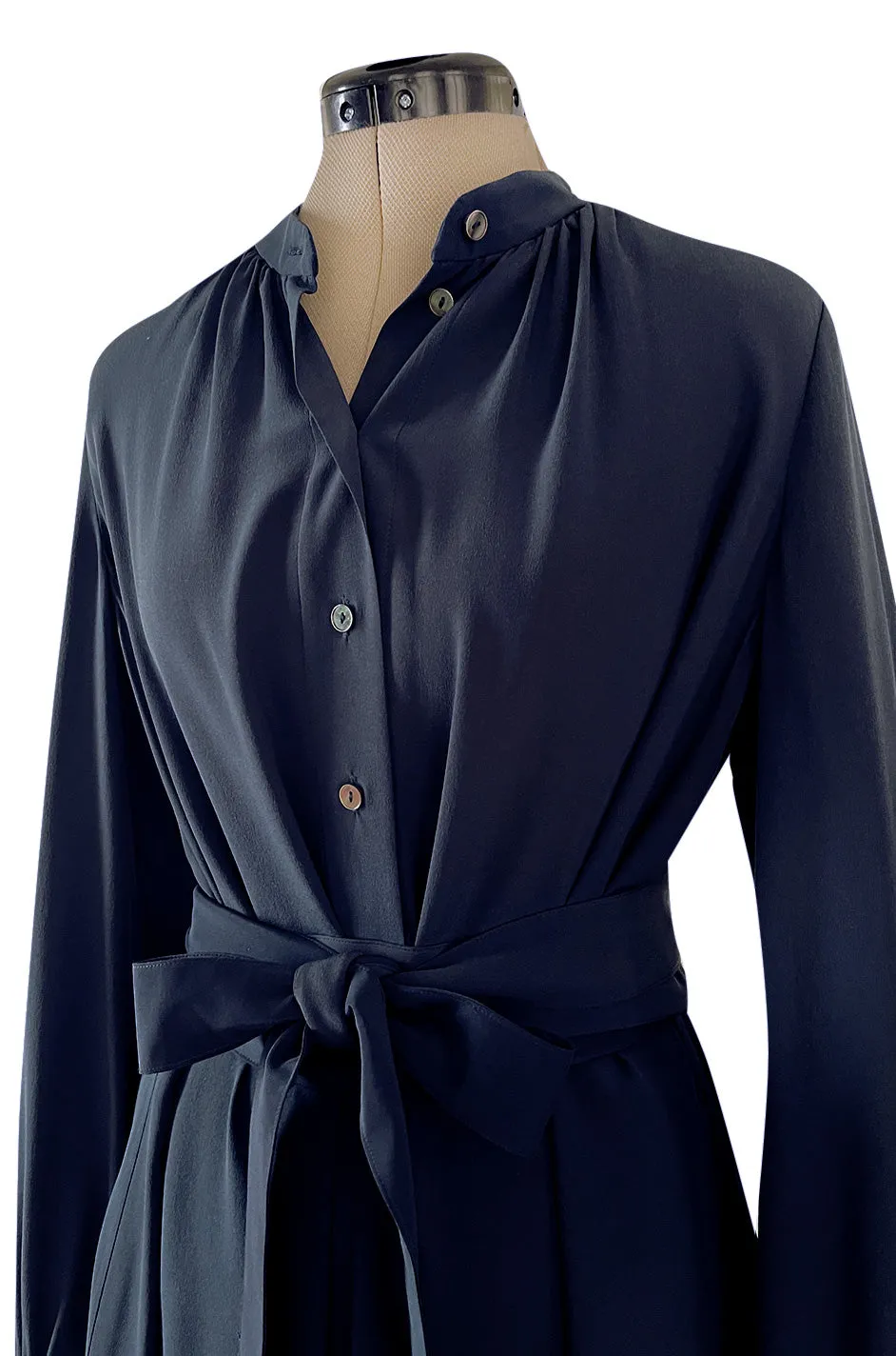 Early 2000s Lanvin by Alber Elbaz Deep Navy Blue Silk Shirt Dress W Extra Long Wrap Tie Belt