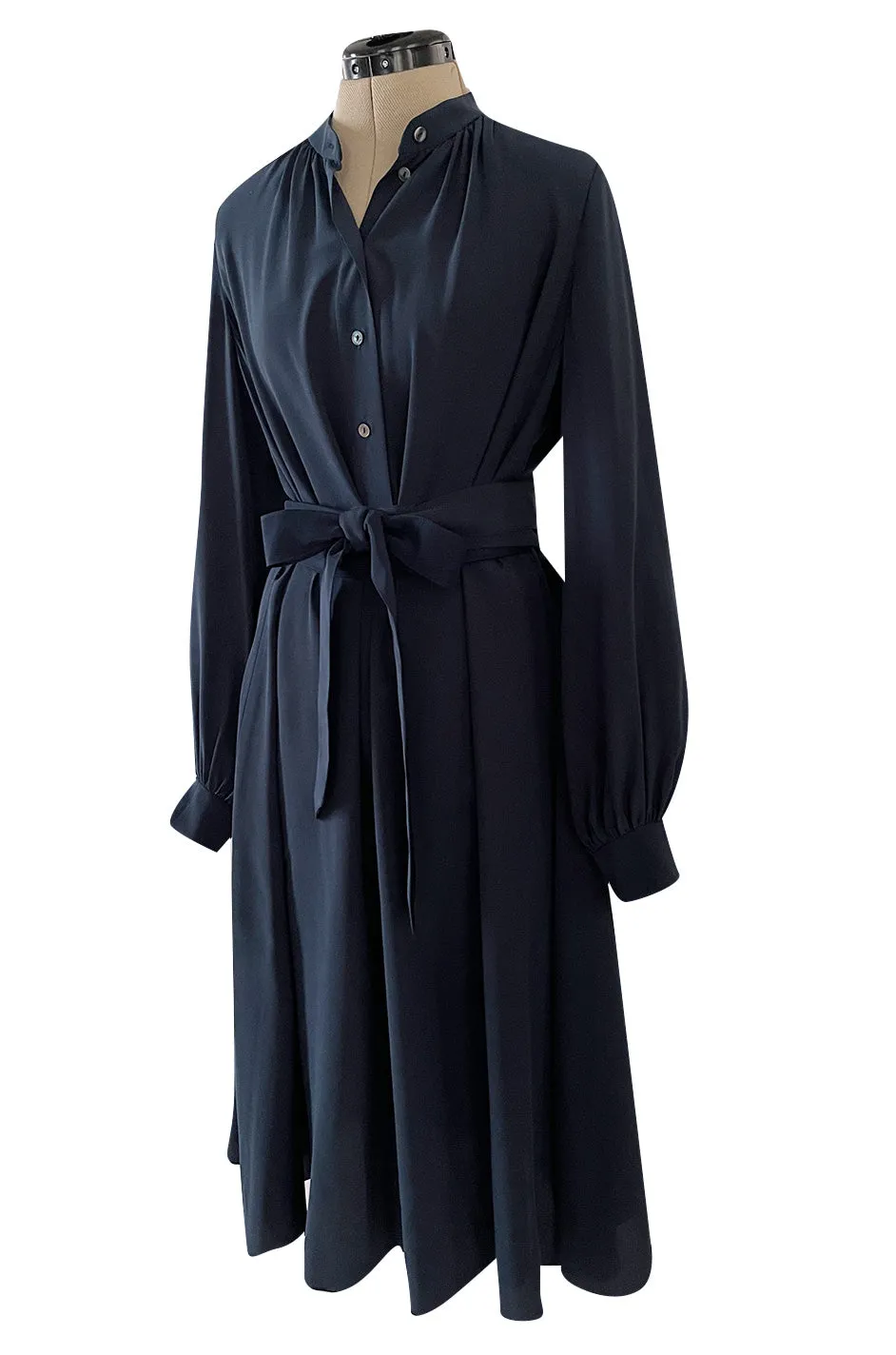 Early 2000s Lanvin by Alber Elbaz Deep Navy Blue Silk Shirt Dress W Extra Long Wrap Tie Belt