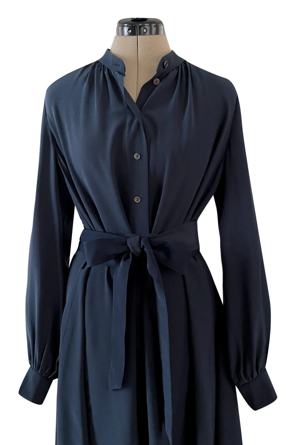 Early 2000s Lanvin by Alber Elbaz Deep Navy Blue Silk Shirt Dress W Extra Long Wrap Tie Belt