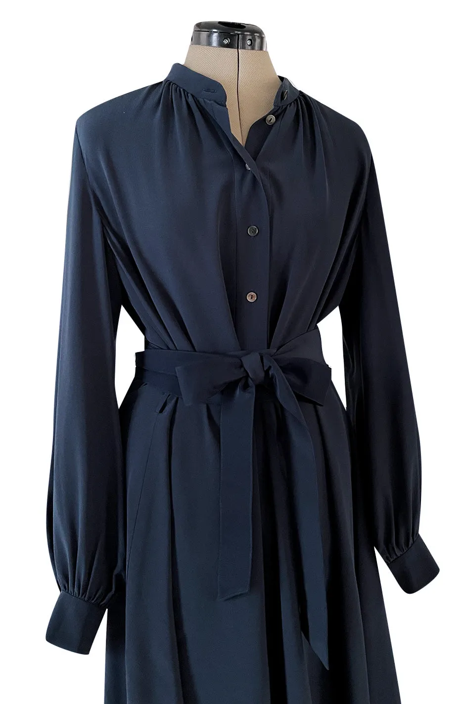 Early 2000s Lanvin by Alber Elbaz Deep Navy Blue Silk Shirt Dress W Extra Long Wrap Tie Belt