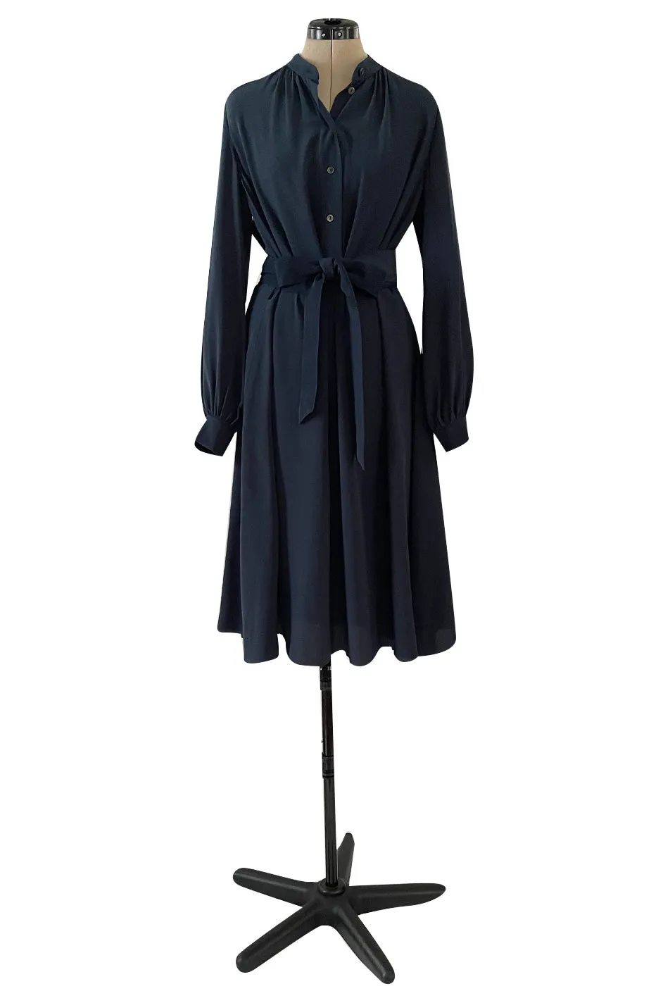 Early 2000s Lanvin by Alber Elbaz Deep Navy Blue Silk Shirt Dress W Extra Long Wrap Tie Belt