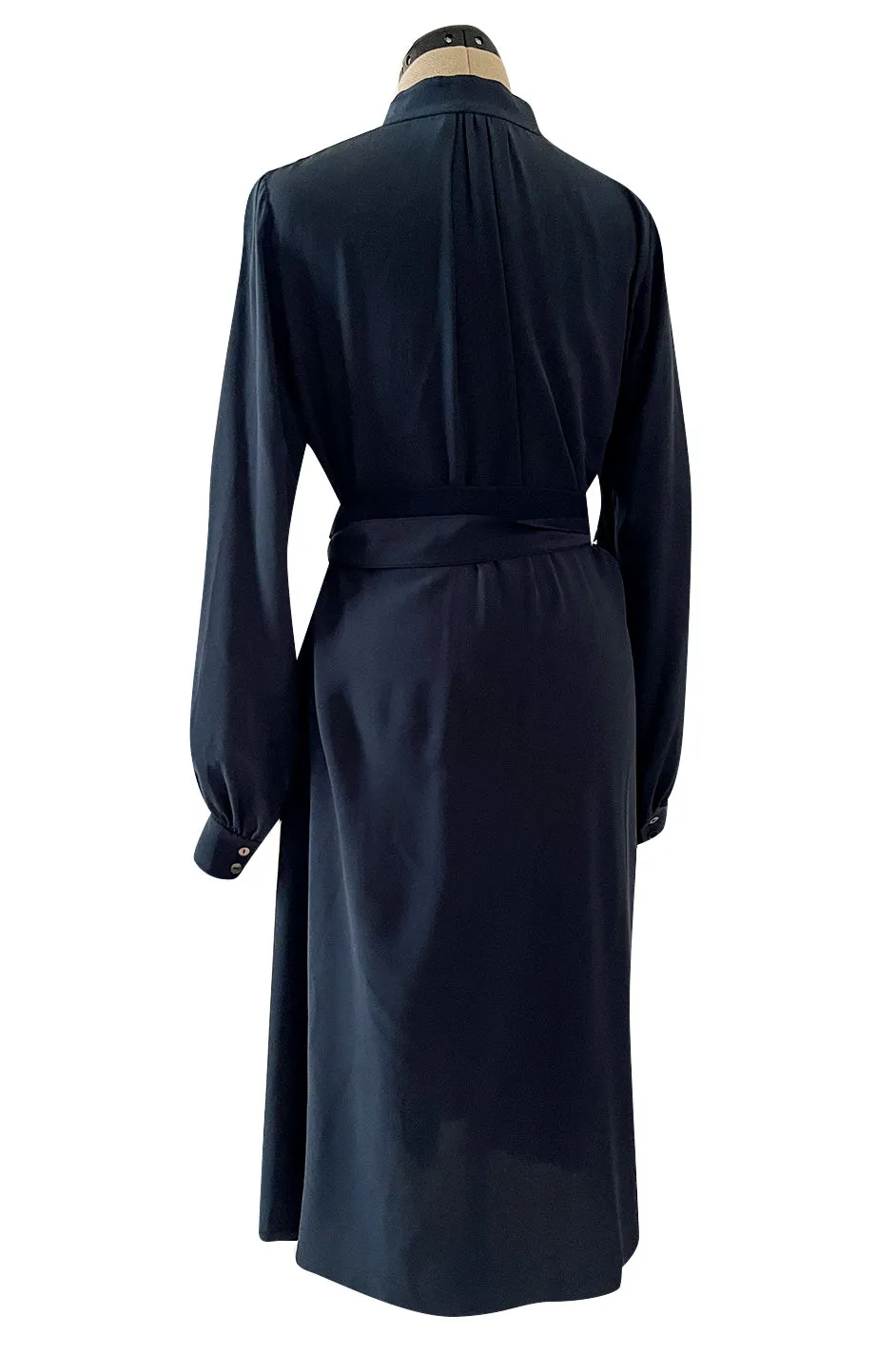 Early 2000s Lanvin by Alber Elbaz Deep Navy Blue Silk Shirt Dress W Extra Long Wrap Tie Belt