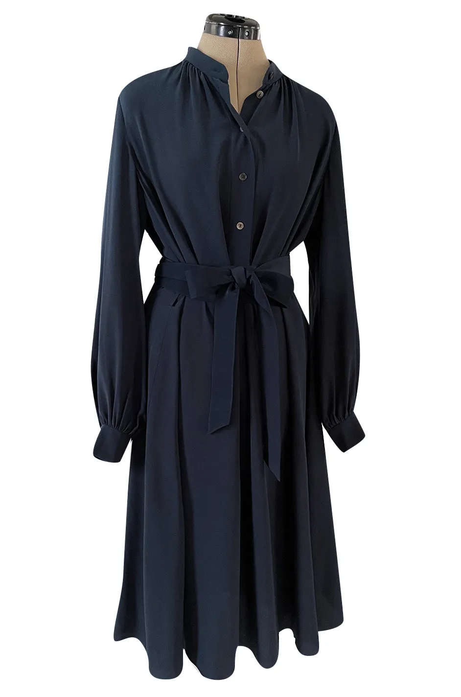 Early 2000s Lanvin by Alber Elbaz Deep Navy Blue Silk Shirt Dress W Extra Long Wrap Tie Belt