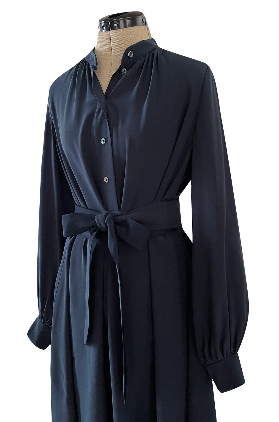 Early 2000s Lanvin by Alber Elbaz Deep Navy Blue Silk Shirt Dress W Extra Long Wrap Tie Belt