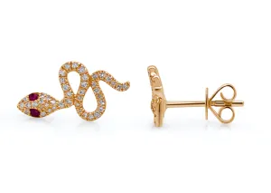 Earrings 14kt Gold Snake Diamonds & Ruby Eyes
