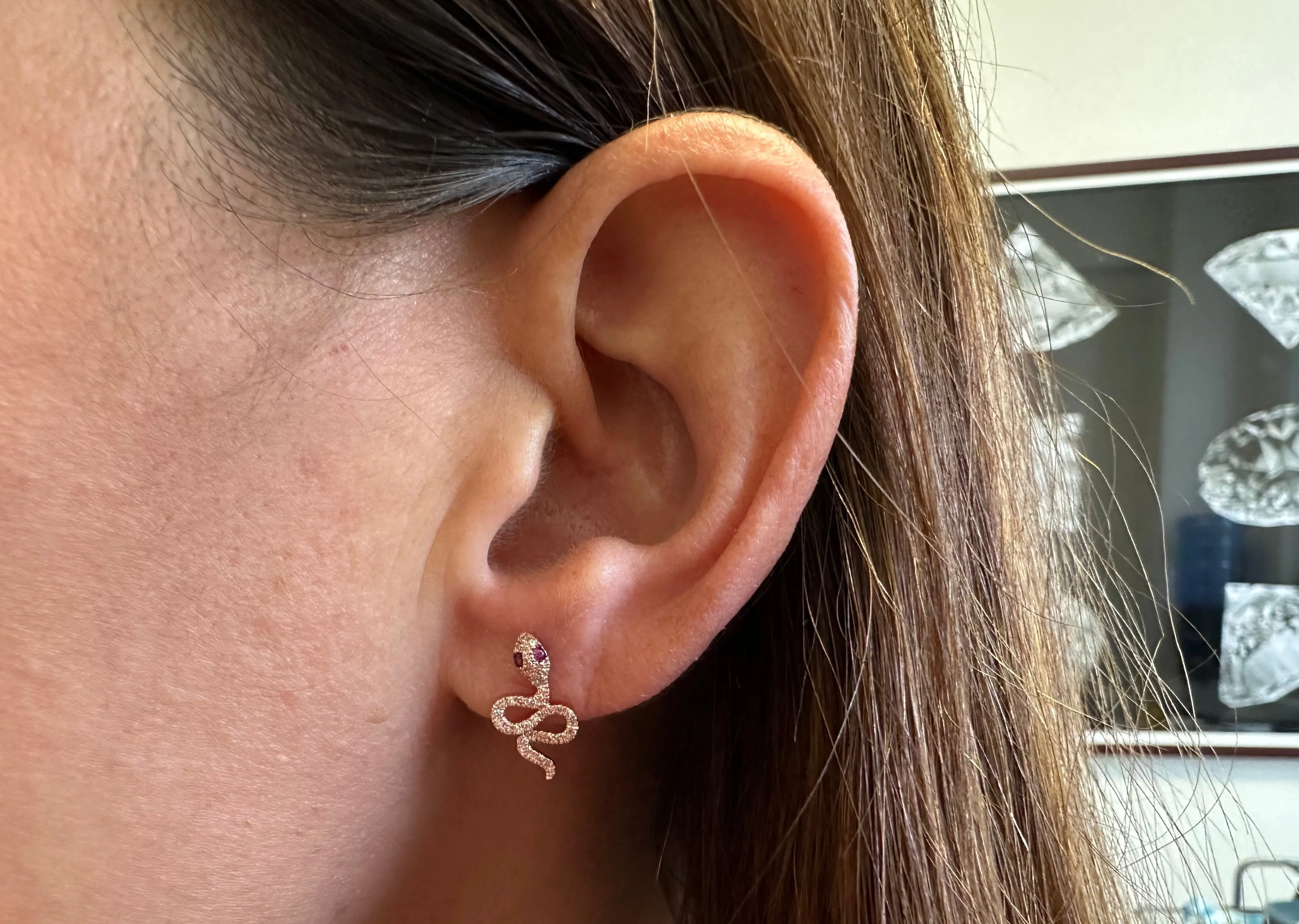 Earrings 14kt Gold Snake Diamonds & Ruby Eyes