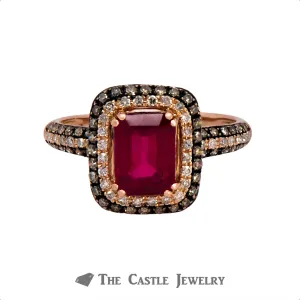 Effy Emerald Cut Ruby Ring with White and Chocolate Diamonds in 14k Rose Gold