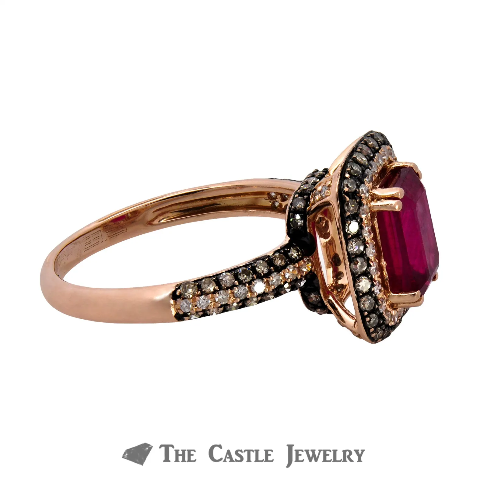 Effy Emerald Cut Ruby Ring with White and Chocolate Diamonds in 14k Rose Gold