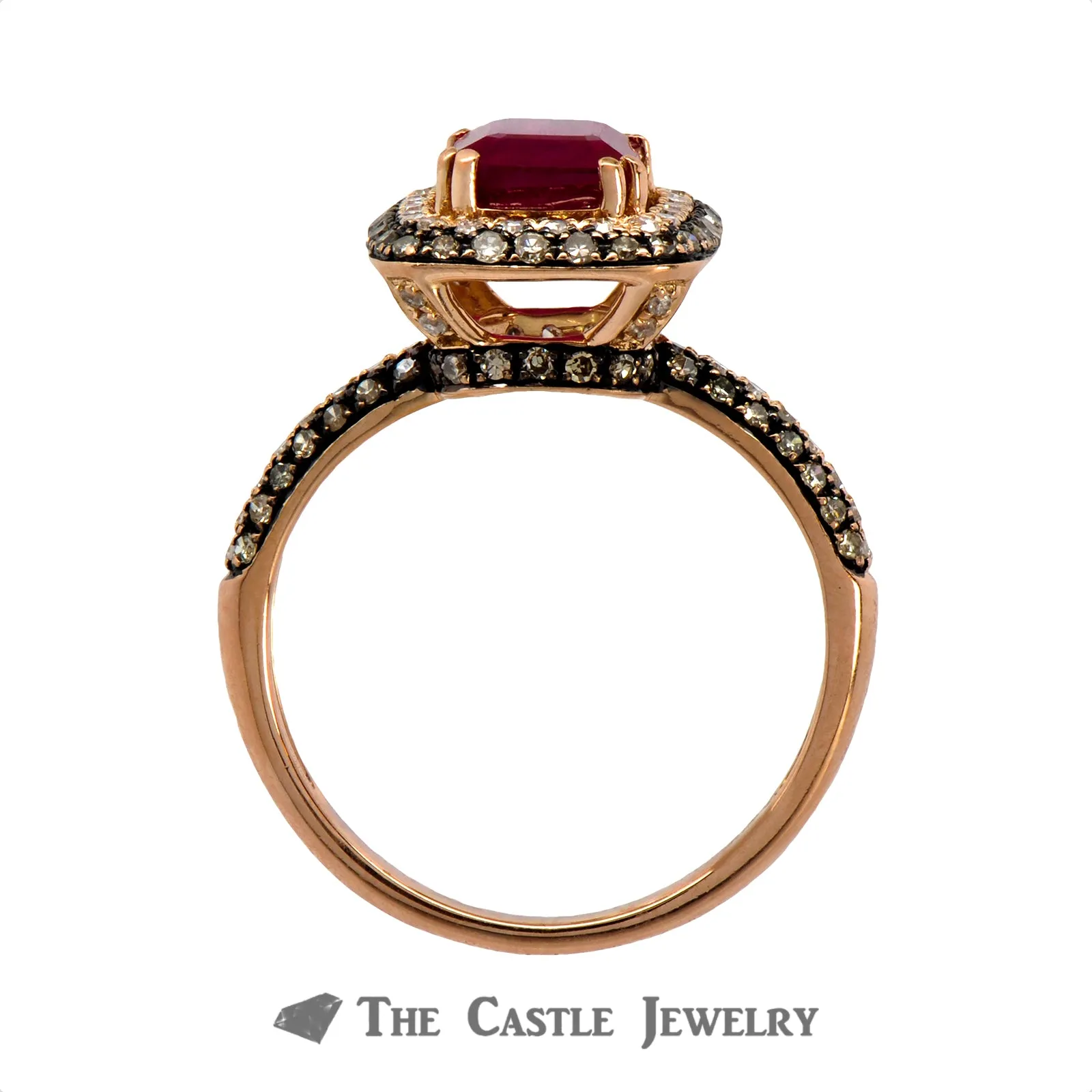 Effy Emerald Cut Ruby Ring with White and Chocolate Diamonds in 14k Rose Gold