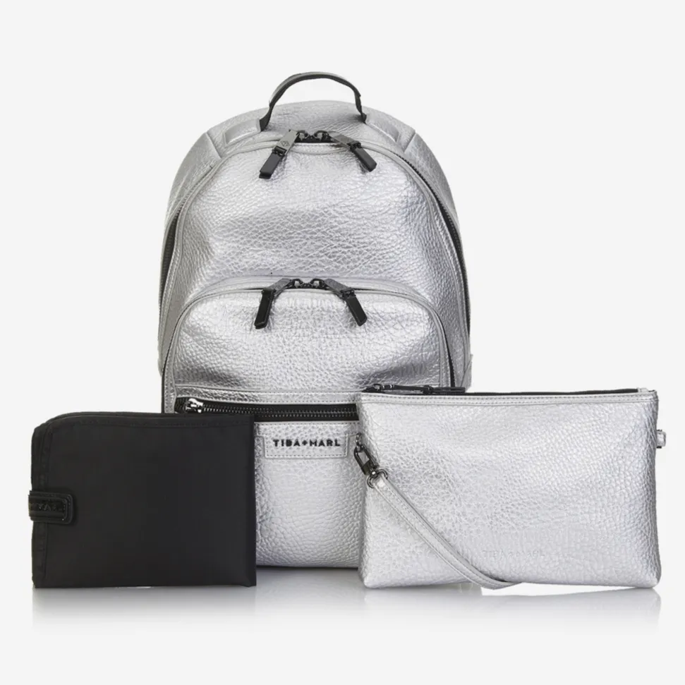 Elwood Vegan Leather Changing Backpack with Change Mat (Silver)