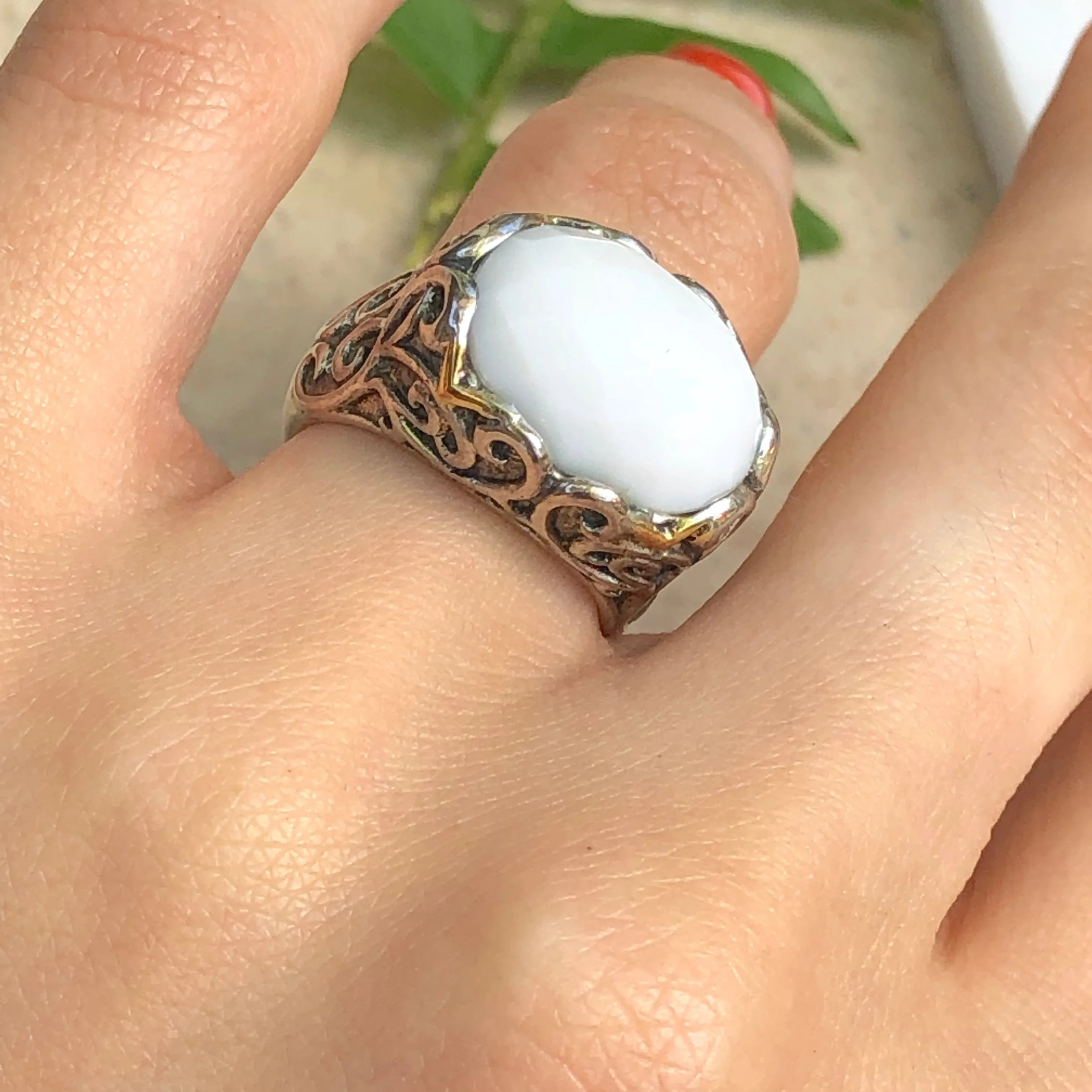 Estate Samuel B 14KT Yellow Gold   Sterling Silver White Agate Ring
