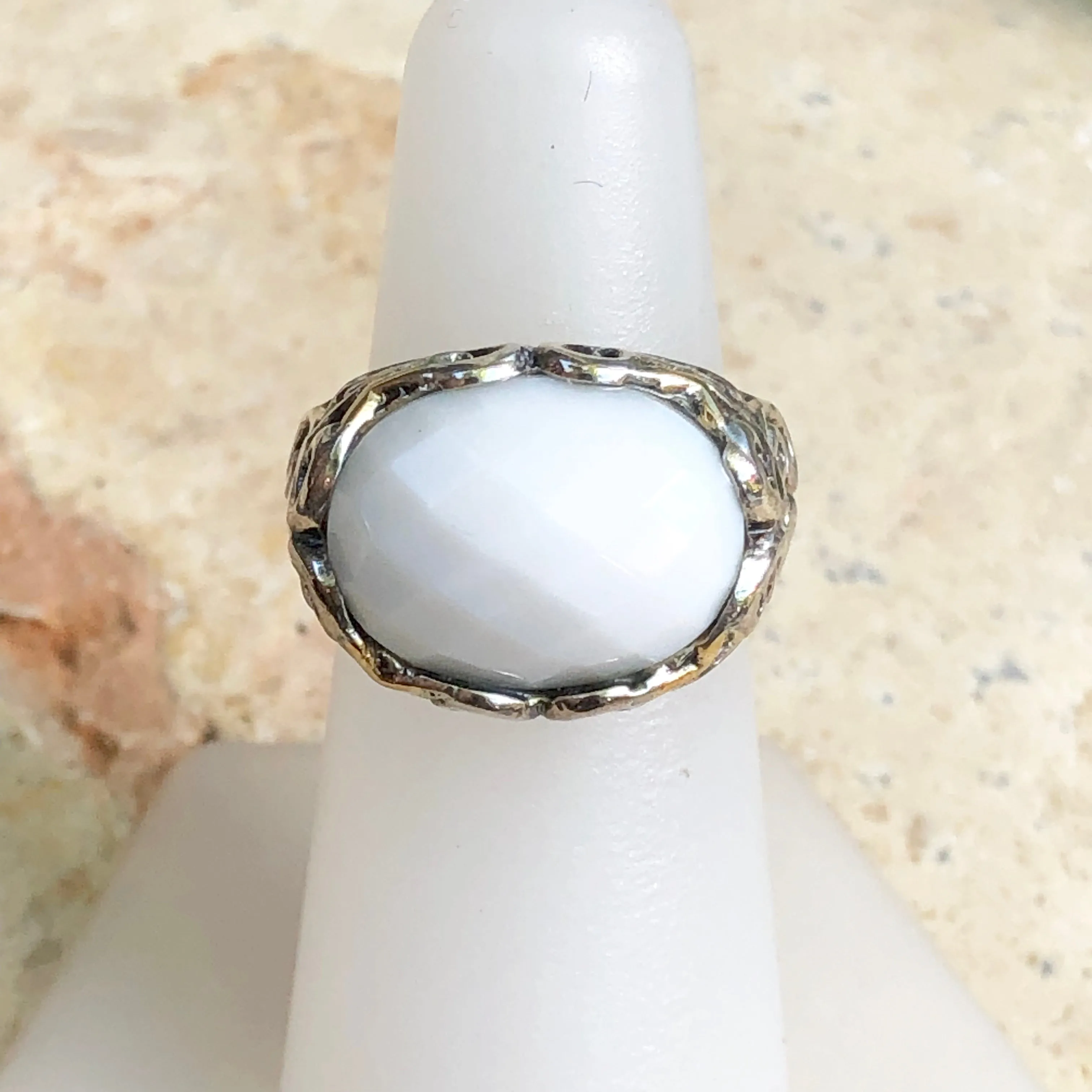 Estate Samuel B 14KT Yellow Gold   Sterling Silver White Agate Ring