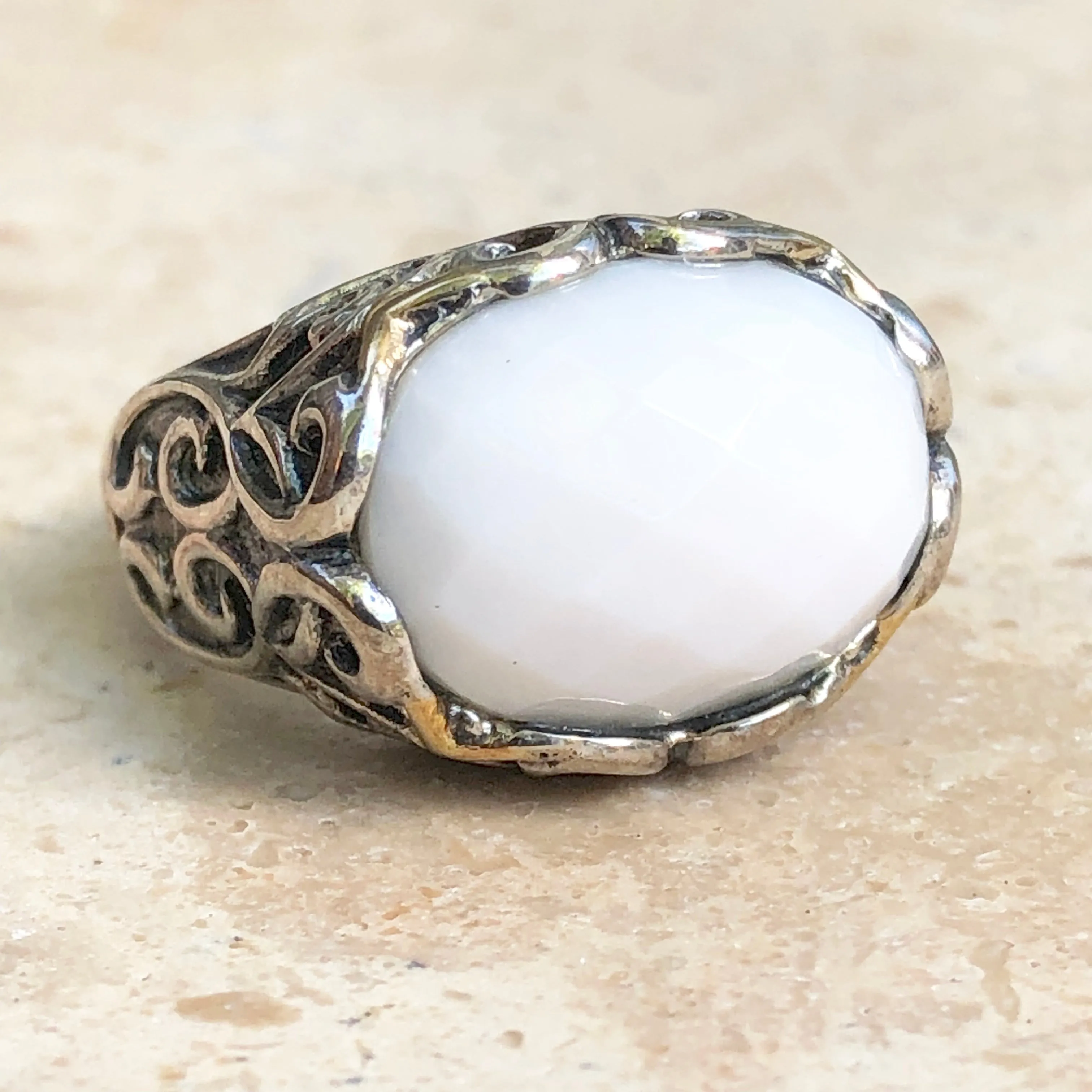 Estate Samuel B 14KT Yellow Gold   Sterling Silver White Agate Ring