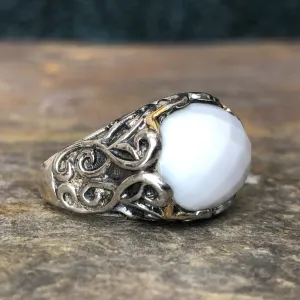 Estate Samuel B 14KT Yellow Gold   Sterling Silver White Agate Ring