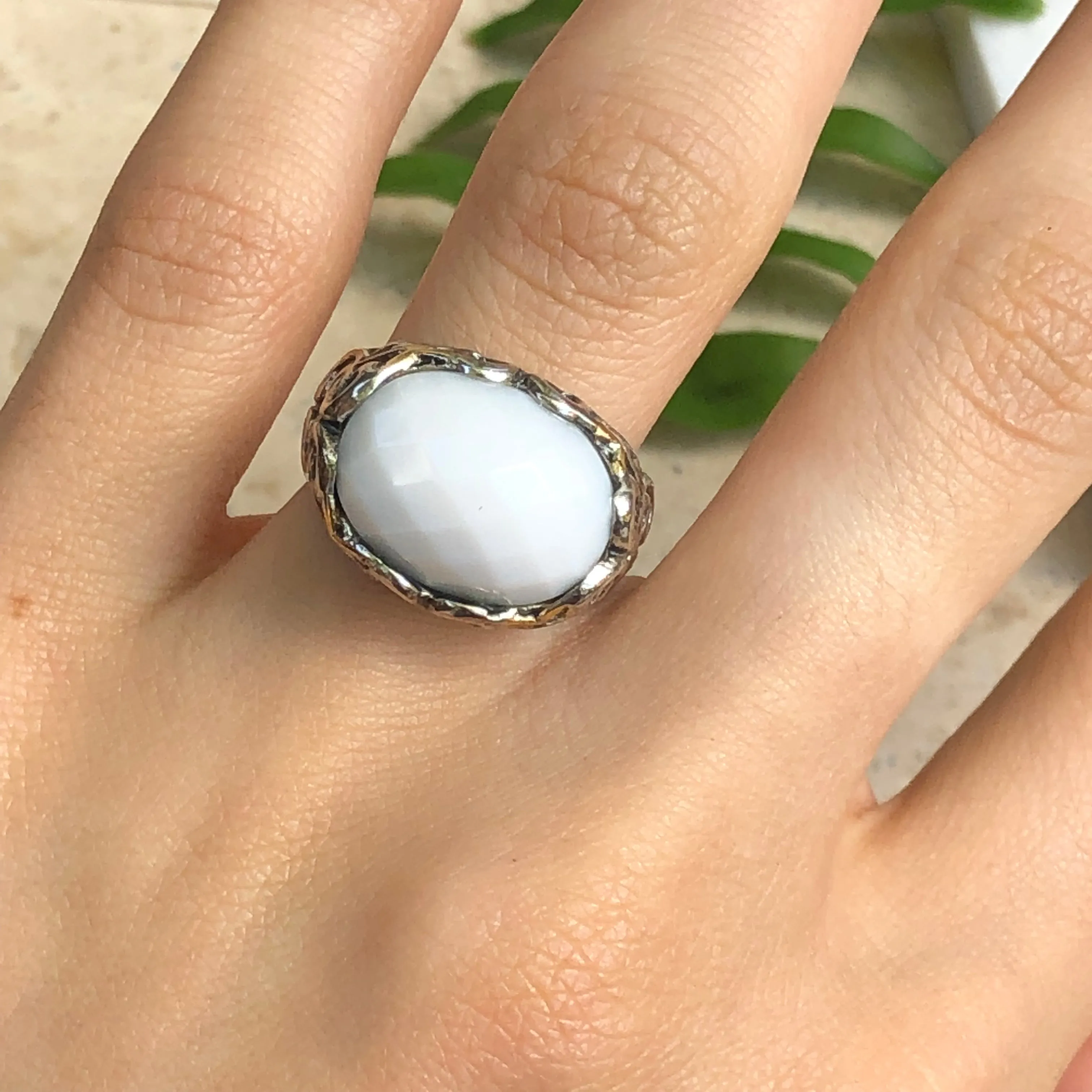 Estate Samuel B 14KT Yellow Gold   Sterling Silver White Agate Ring
