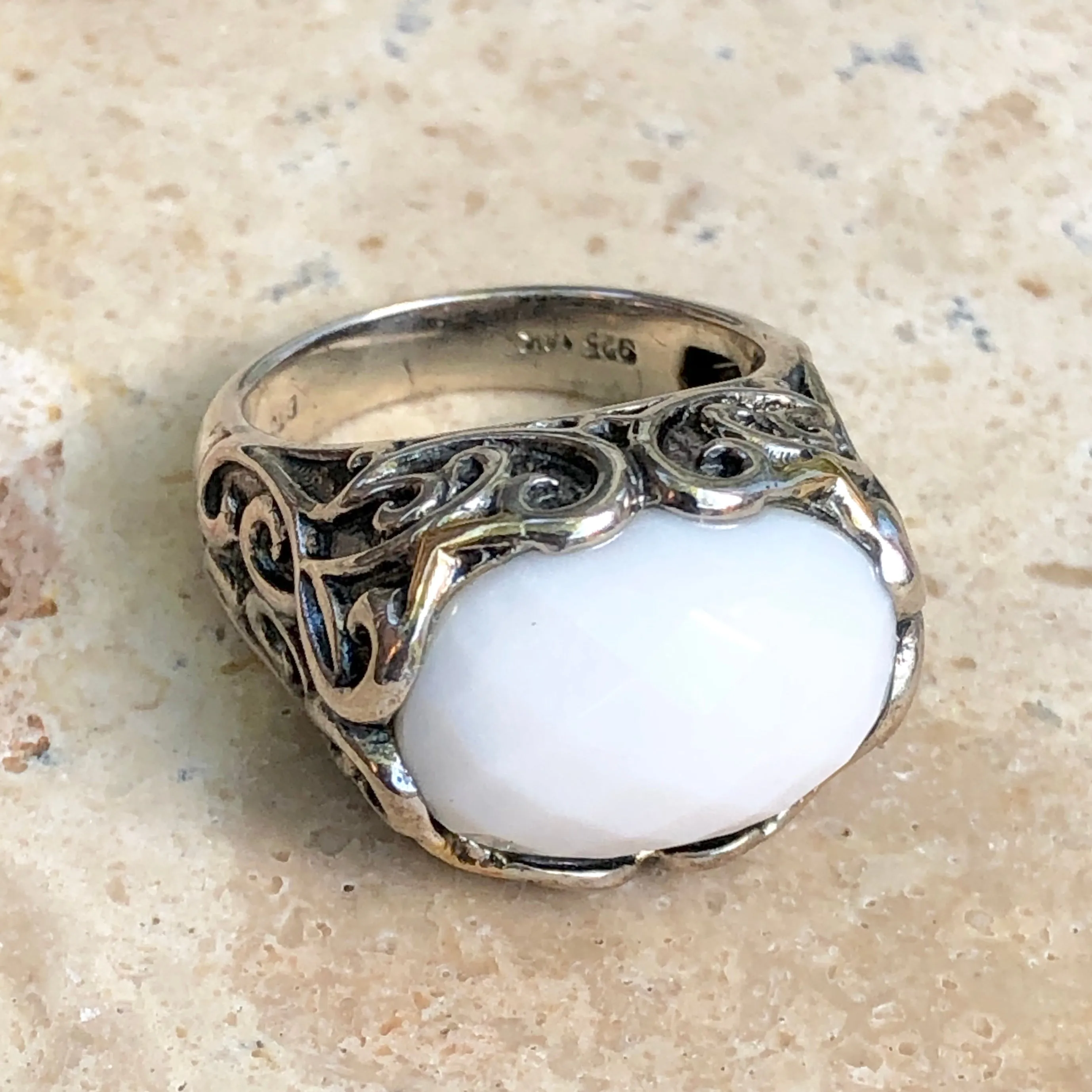 Estate Samuel B 14KT Yellow Gold   Sterling Silver White Agate Ring