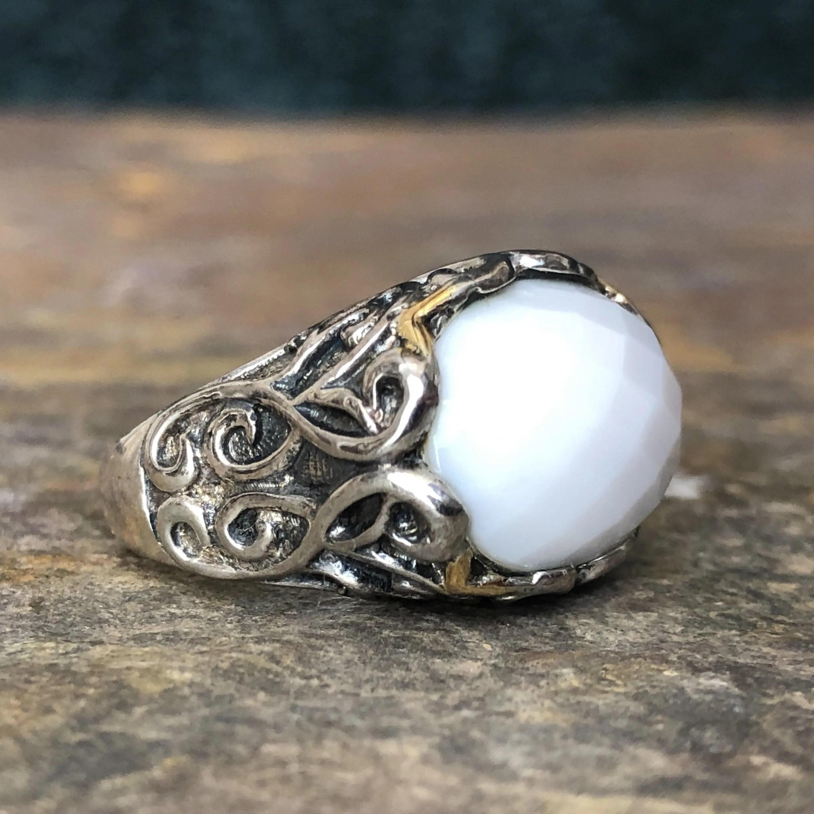 Estate Samuel B 14KT Yellow Gold   Sterling Silver White Agate Ring